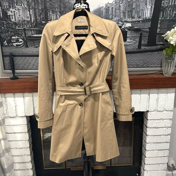 Zara Women's Trench Coat Tan Camel Small 3 button Belted Cotton - Picture 2 of 12